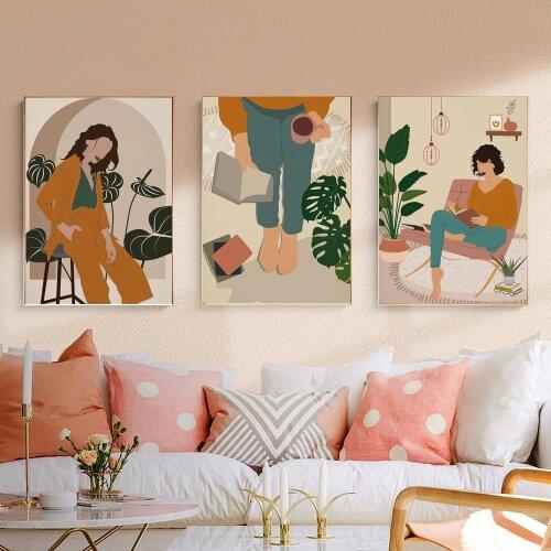 Abstract Women Poster Boho Mostera Leaf Canvas Painting Fashion Art Print Decorative Wall Picture For Living Room Home Décor