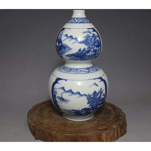 Antique QingDynasty porcelain vase,blue Landscape gourd bottle,hand painted crafts,Decoration,Collection&Adornment,Free shipping