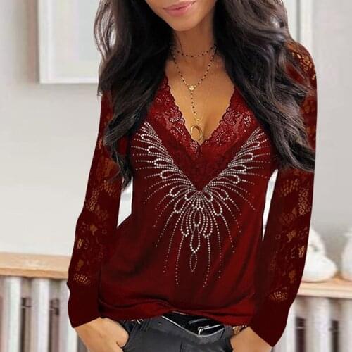 Womens Fashion Sexy Blouses Females Longe Sleeve Lace Blouses Sequins V-neck Long Sleeves Elegant Blouses