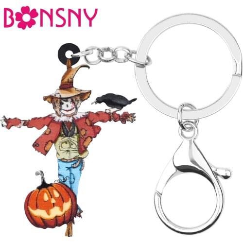 Bonsny Acrylic Halloween Scarecrow Keychains Pumpkin Head Trouser Keyring Jewelry For Women Kid Girl Funny Gift Purse Decoration