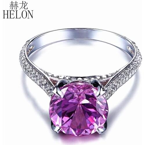 HELON Solid 14k White Gold Flawless Round 9mm Pink Topaz & Real Diamonds Ring Engagement Wedding Diamonds Gemstone Gift Ring