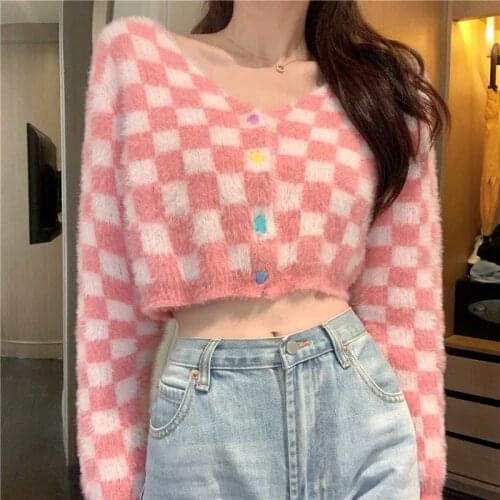 Kawaii Plaid Mohair Knitted Cardigans Women Pink Retro Sweater Sweaters Casual Sweater Autumn Winter Ladies Sweater Crop Tops
