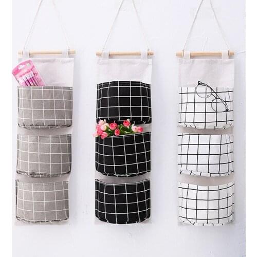 New plaid cotton and linen storage bag with three pockets behind the wall storage bag simple fashion hang pocket storage bag