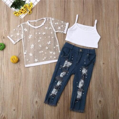 3pcs Kids Baby Girls Summer Mesh T shirt+Strap Tank Top+Ripped Jeans Long Pants Outfit Set Clothes 1-6Y