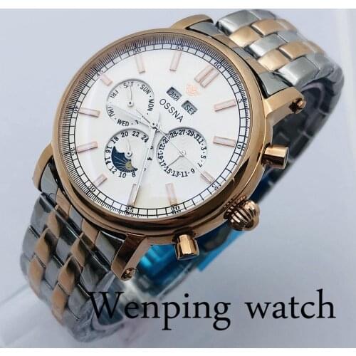 OSSNA 42mm New Mens Mechanical Watch Rose Gold Case White Dial Date Moon Phase Multifunction Mens Top Automatic Watch
