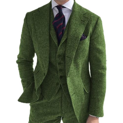 Mens Green Wool Woker Suit Formal 3 Pieces Slim Fit Shawl Lapel Tweed Prom Tuxedos For Wedding Groomsmen (Blazer+Vest+Pants)