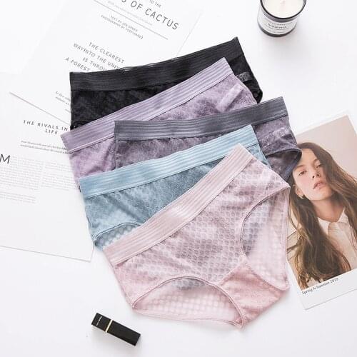 New European and American Lace Panties Ladies Mid-waist Mesh Wide-brim Simple Transparent Panties Sexy Seamless Panties