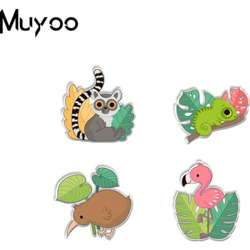 New Cute Wild Animals Tropical Monstera Leaf Flamingo Kiwi Cartoon Acrylic Epoxy Lapel Pins Tropical Creature Acrylic Badge Pin