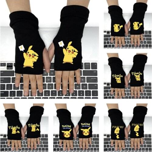 Pokemon Pikachu Half Finger Gloves Men and Women Five Finger Touch Screen Warm Gloves Cartoon Anime Winter Fingerless Gloves