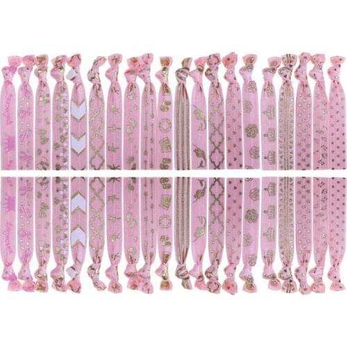 5/8" Gold foil printed Knotted FOE Hair Ties elastic for Hair Accessories pink 20 different patterns 40pcs/bag