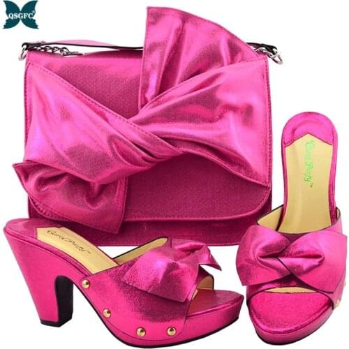New Arrival Fuchsia Color Bride Cristaly Shoe and Bag Set for Nigeria Party Italian design Shoes with Matching Bags High Quality
