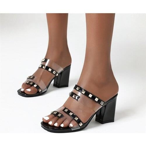YQBTDL Fashion Studded Slides Red Black White Transparent Block Heel Shoes Summer Open Toe High Heels Slippers Large Size 34-43