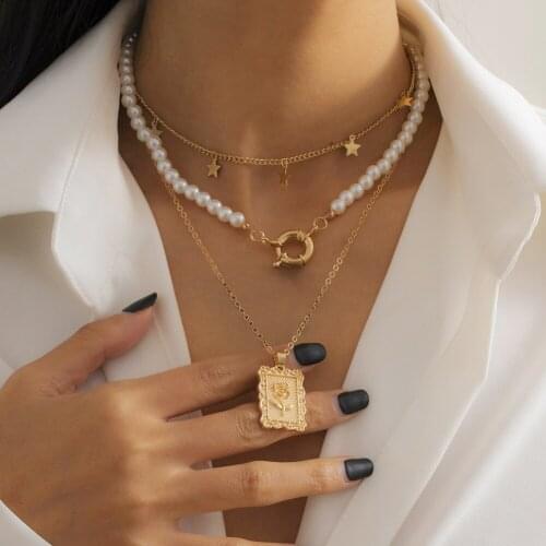 Vintage Multi-layer Pearls Rose Square Pendant Layered Necklce Clavicle Chain Women Charm Party Wedding Jewelry Gifts