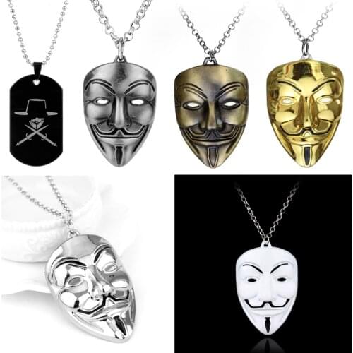 Movie Jewelry V for Vendetta Pendant Necklace Anonymous Mask Charm Choker Necklace Hacker Mask Metal Necklace For Men Women