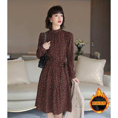 Woman Dresses Womens Floral Chiffon Dress Autumn and Winter Loose Match with Coat Midi Dress Vestido De Mujer Femme Robe
