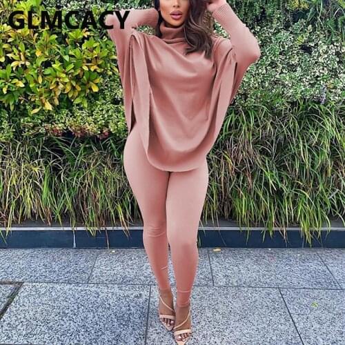 Women Two Piece Classy Suits Batwing Sleeve Turtleneck Top & Skinny Pants Set