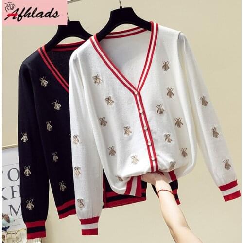 Fashion Bees Embroidery Long Sleeve Cardigan 2019 Autumn Women Knitted Sweater Coat V-Neck Single Breasted Female Jacket Coat