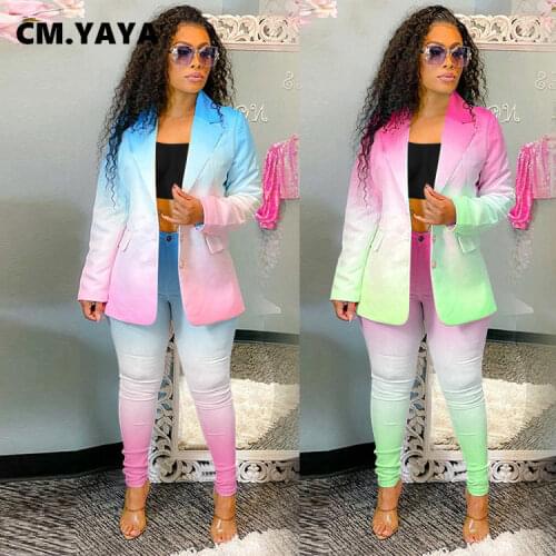 CM.YAYA Activewear Gradient Color Sweatsuit Womens Set Blazers Pants Suit Office Lady Tracksuit Two Piece Set Fitness Outfit
