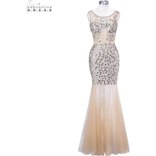 Sexy Illusion Mermaid Champagne Long Evening Dress In Stock Crystals Sequins Evening Party Dresses Robe De Soiree