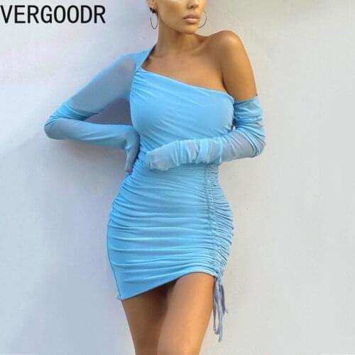Vergoodr Summer Sexy Mesh Gauze Oblique Shoulder Off-shoulder Long-sleeved See-through Pleated White Dress Vestido De Mujer