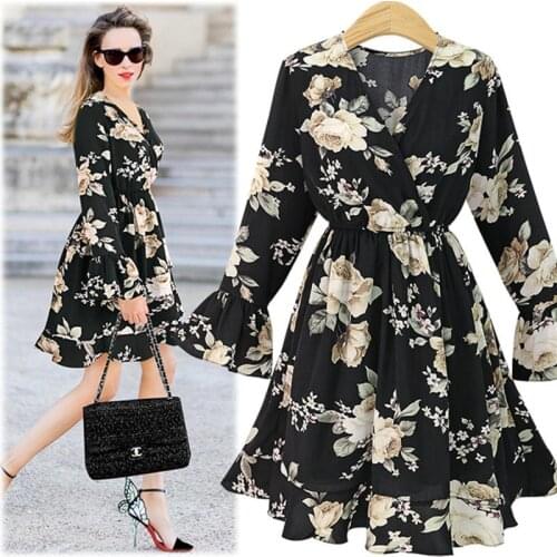 Fashion Summer Womens Chiffon Dress Plus size L-4XL V-neck Print Long sleeve Dresses Female Elastic waist Ruffle Dresses G231