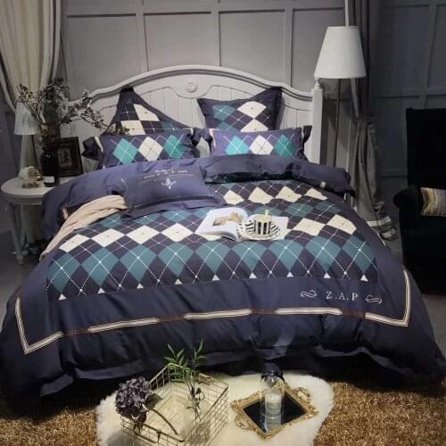 New 80S Egyptian cotton Embroidery Royal Bedding sets Blue Stripe Queen King mans Duvet cover Bed sheet set Pillowcase 4/6pcs