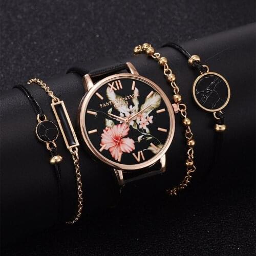 Lvpai 5pcs Set Women Watches Bracelet Black Ladies Bracelet Watch Casual Leather Quartz Wristwatch Clock Relogio Feminino