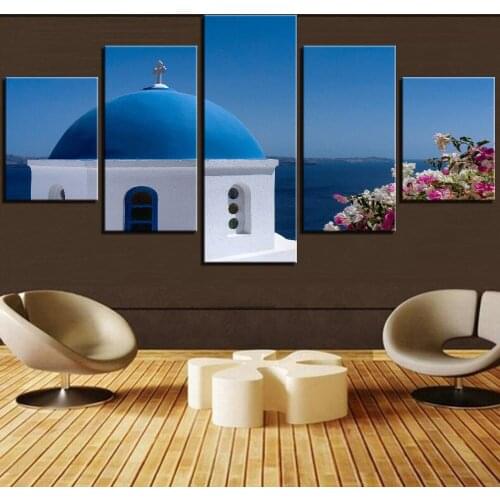 5 Pieces Wall Art Canvas Painting Lslamic Blue Building Posters Sea Landscape Pictures For Home Living Room Modern Decoration