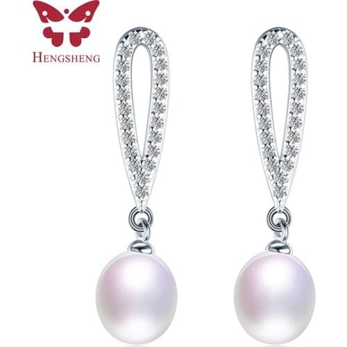 Shining 100% Real Freshwater White Pearl Earrings,Women Drop Zircon Earrings,Fashion 925 Silver Jewelry,Best for Girlfriend 2019