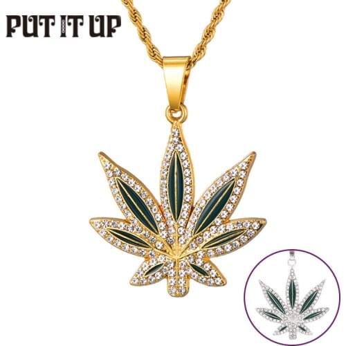 Weed Leaf Pendant Necklace Gothic Hip Hop Rock Jewelry Rope Chain Inlaid Zircon Pendant Neck Chain Male New Year Birthday Gift
