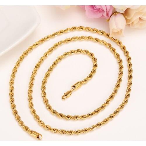 Men Women Yellow Solid Gold FINISH Twist Rope Lobster Clasp Chain Necklace 80cm 31" Hiphop Rock Fashion jewelry lengthening
