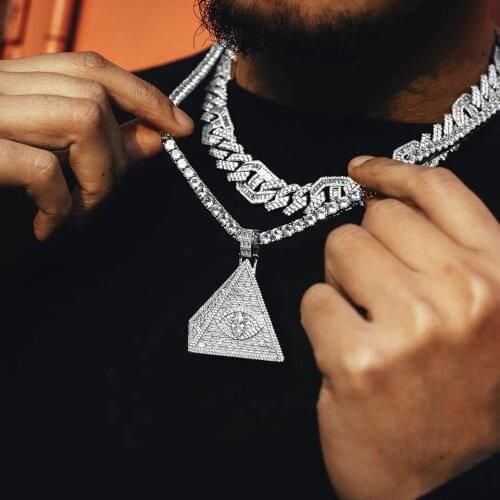 D&Z Bling Iced Out Triangle Illuminati Eye Pendant Necklace For Men CZ Stone Triangle Egyptian Pyramid Geometric For Hip Hop