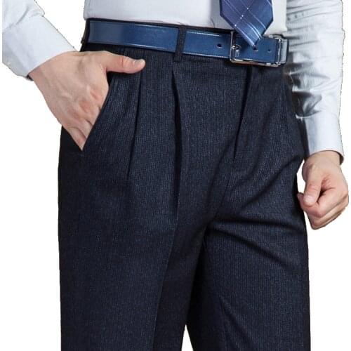 Business Casual Suit Trousers Middle-Aged Mens Suit Pants Autumn Winter Thick Double Pleated Dress Trousers Men High Waist Loose