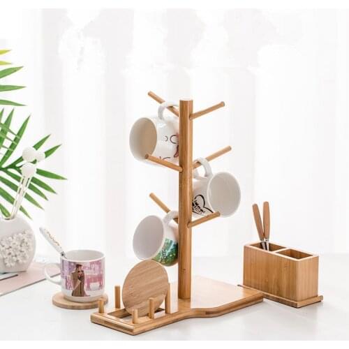 Wooden Cup Holder with 6 Hooks Set Removable Bamboo Mug Stand Wine Glass Drain Rack Kitchen Coffee Tea Cup Storage Box Organizer