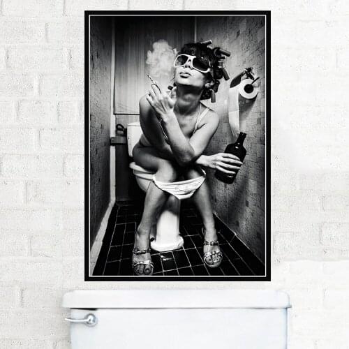 Girl On Toilet Smoking And Drinking Fashion Canvas Painting Pub Bar Toilet Wall Art Poster And Prints Picture For Bathroom Decor