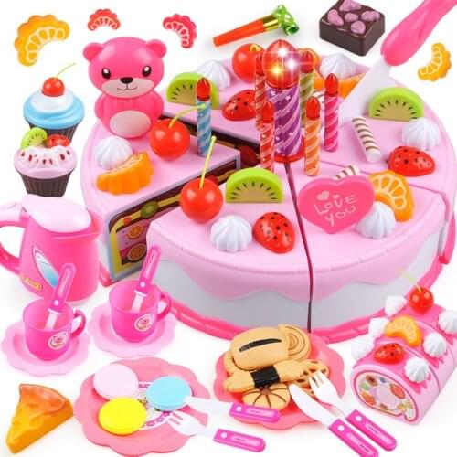 DIY Cake Toy 37-80PCS Kitchen Food Pretend Play Cutting Fruit Birthday Toys Cocina De Juguete Pink Blue For Kid Educational Gift