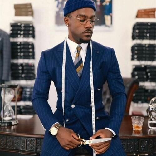 Double Breasted Navy Striped Mens Wedding Tuxedos Peaked Lapel Slim Fit Business Suits Set