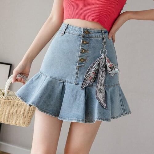 Denim skirt 2020 new summer wild elastic self-cultivation foreign trade fish tail lotus leaf skirt womens fashion tide