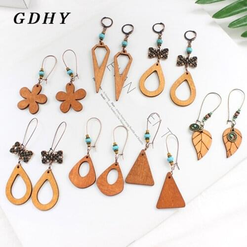 GDHY Simple Geometric Wood Shape Pendant Earrings Triangle Rhombus Drop Leaf Shape Bow Drops Earrings Bohemian Women Jewelry