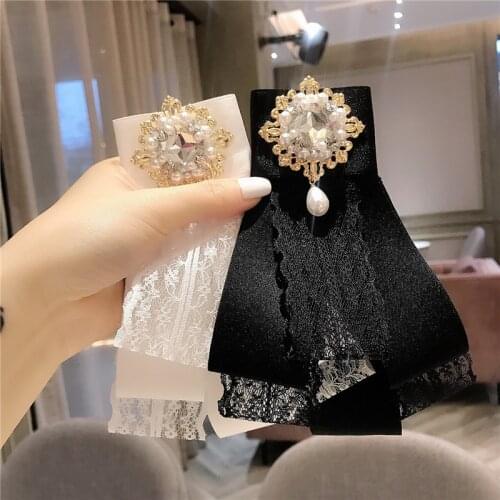 Korean Lace Bow Tie Pearl Fabric Female Shirt Collar Pin Brooches Crystal Rhinestone Bowtie Necktie Uniform School Accessories