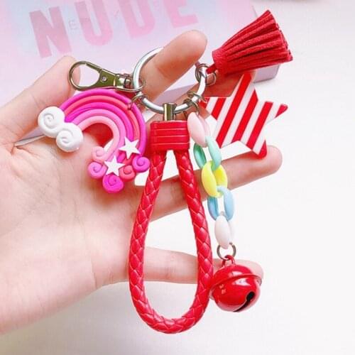 Lovely Cute Soft Clay Rainbow Key Chain Leather Strap Braided Rope Tassel Keychain For Women Girl Bell Bag Charms Pendant