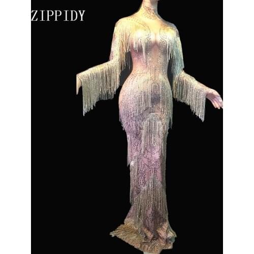 Fashion Shining Gold Rhinestones Fringes Dress Stage Wear Big Stretch Dress Singer Evening Tassel Long Dress