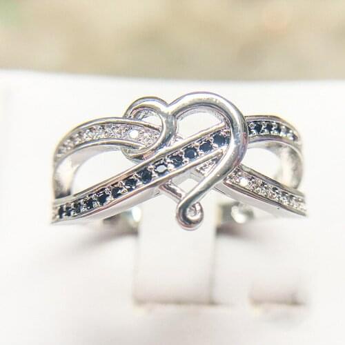 Fashion Heart Cross Ring White & Black Micro Paved CZ Jewelry Vintage Wedding Plata color Rings For Women Birthday Stone Gifts