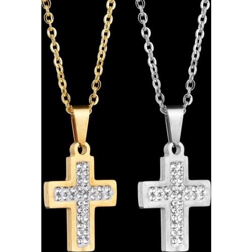 Fashion Stainless Steel Cross Gold Silver Color Necklace for Women Men Vintage Chain Crystal Pendant Long Necklaces Jewelry