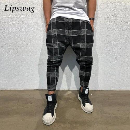 2021 Fashion Lace-up Mid Waist Slim Track Pants Summer Casual For Men Plaid Printed Pants Mens Gradient Pencil Pant Streetwear