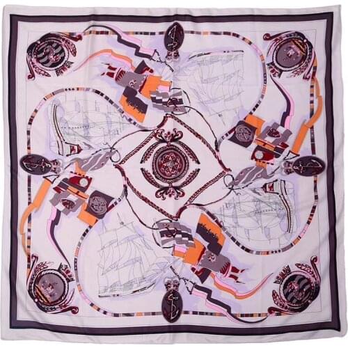New 130x130 Fashion Silk Scarf Women Sailing sailboat Print Square Towel Scarf Soft Twill 100% Silk Spring Shawl heads
