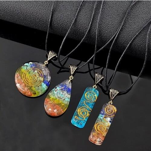 Retro Reiki Healing Colorful Chips Stone Natural Chakra Orgone Energy Pendant Necklace Pendulum Amulet Orgonite Crystal Necklace