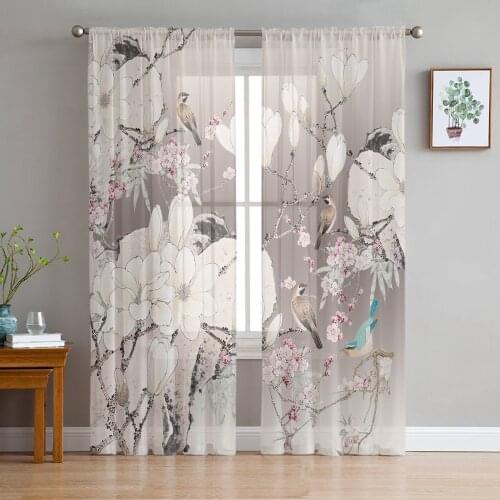 Chinese Style Flower Bird Illustration Sheer Curtains for Living Room Modern Voile Curtain Bedroom Tulle Curtains Window Drapes