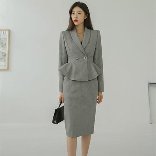 S-XL Plus SIze Office Work Korean Style Two Piece Set for Woman Gray Houndstooth Blazer and Midi Wrap Skirt Ladies 2 Piece Set