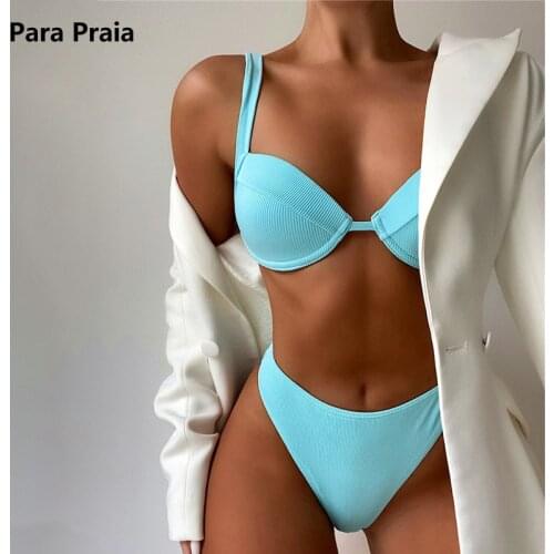 Para Praia 2021 Sexy Solid Bikini Set Thong Swimsuits Halter Underwire Women Push Up Swimwear Brazalian Bathing Suit Summer